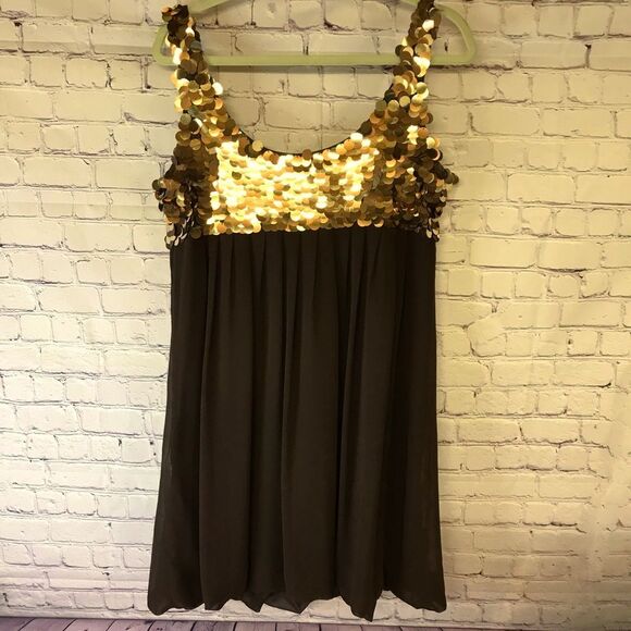 R&M Richards Gold Sequin Chocolate Tank Dress Bubble Hem Festive Concert Size 12 - Picture 1 of 11